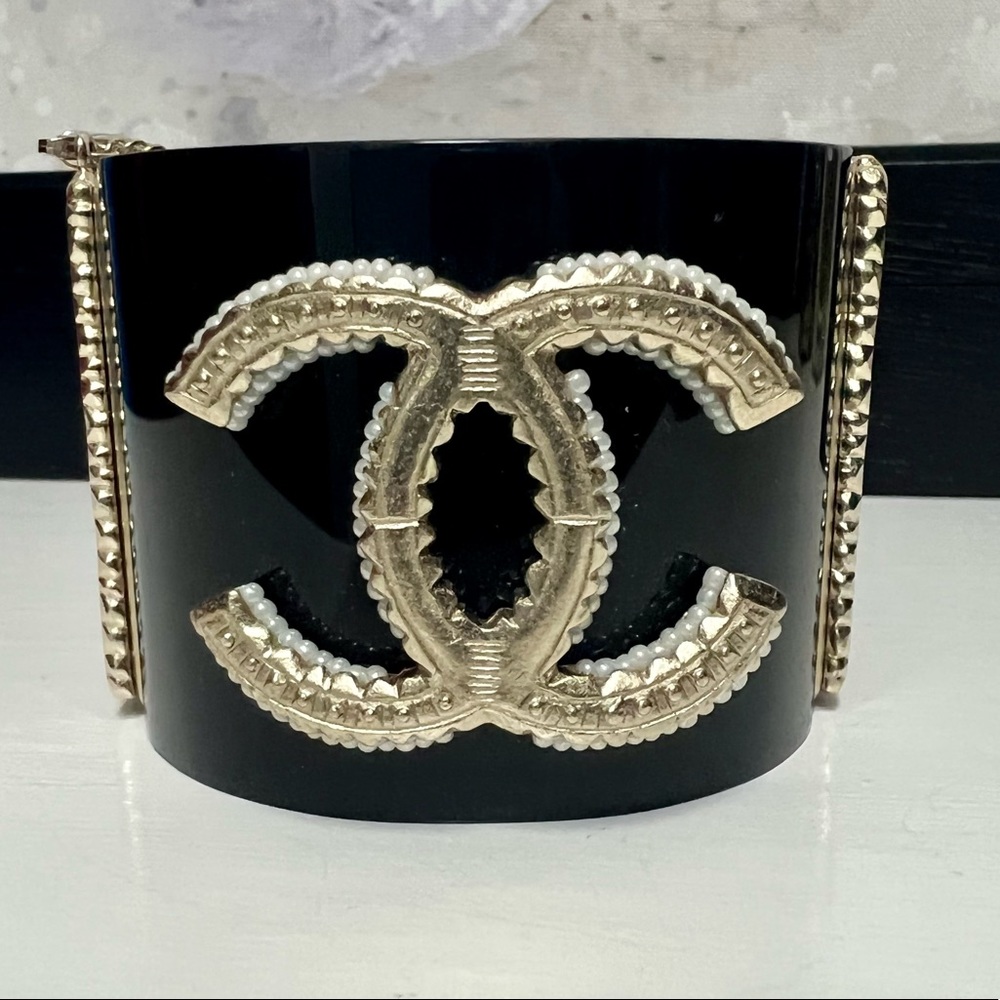 CHANEL Black Resin and Crystal CC Wide Cuff Bracelet